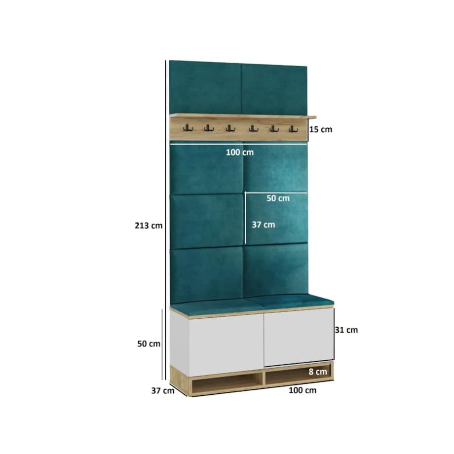 Szafka na buty z siedziskiem i wieszakiem DUBAI biała/dąb craft/zielona