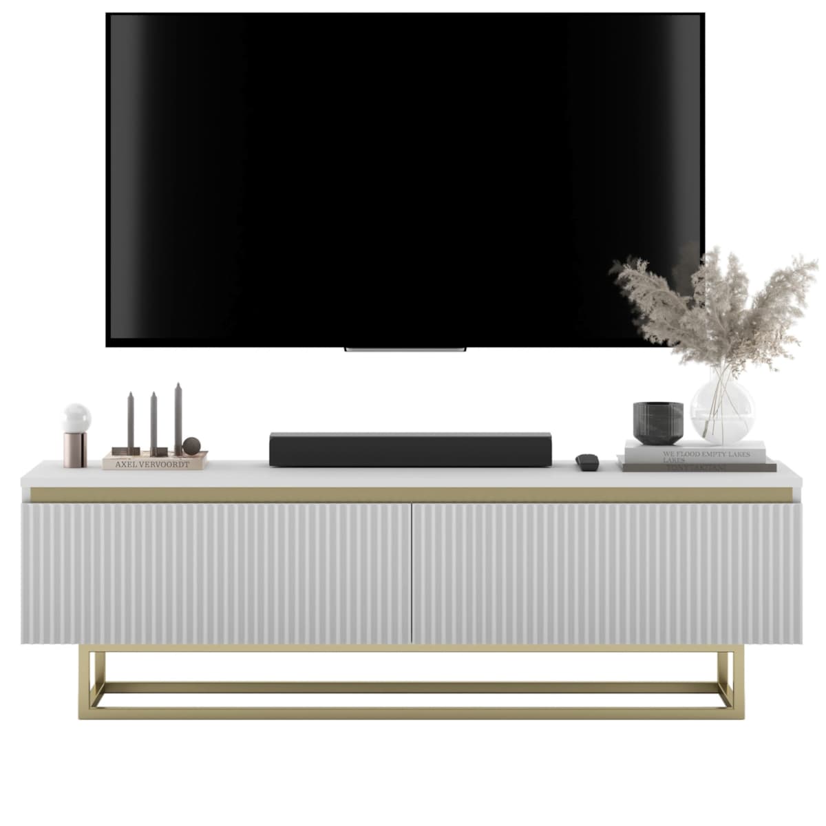 Nowoczesna Szafka RTV Glamour Komoda RTV Biały Mat 140 cm złote akcenty