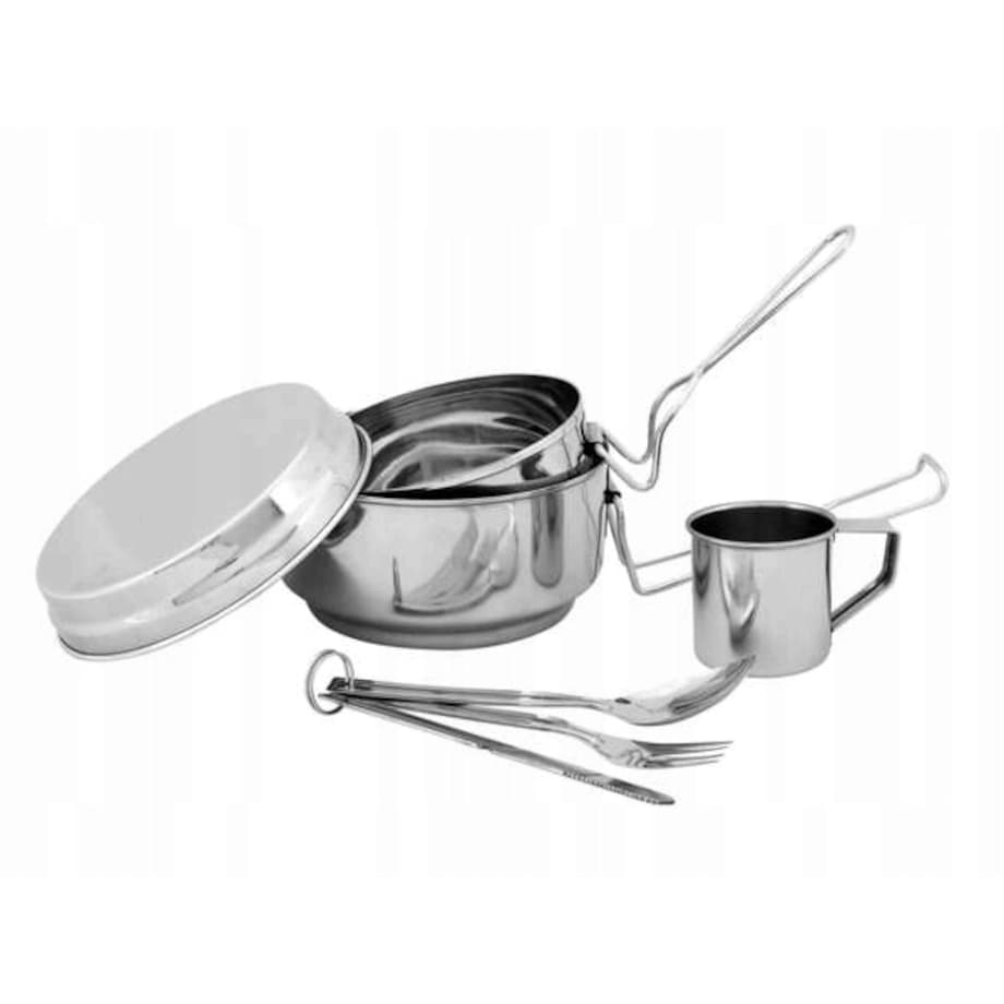 ZESTAW TURYSTYCZNY METALOWY piknikowy garnek talerz sztućce biwak namiotem