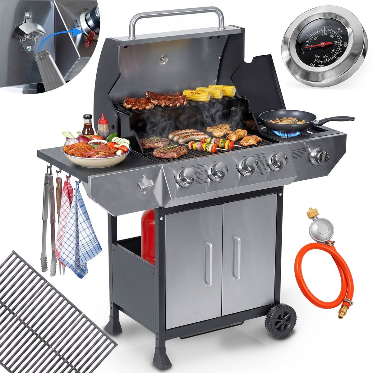 Grill gazowy ogrodowy Berdsen BD-896 żeliwny ruszt z pokrywą mocny 4+1 palniki termometr