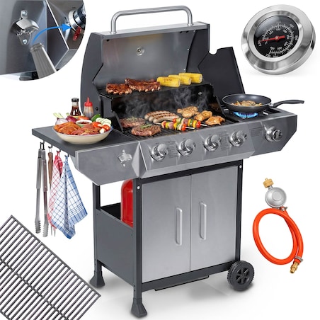 Grill gazowy ogrodowy Berdsen BD-896 żeliwny ruszt z pokrywą mocny 4+1 palniki termometr