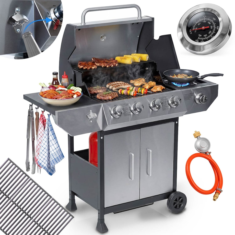 Grill gazowy ogrodowy Berdsen BD-896 żeliwny ruszt z pokrywą mocny 4+1 palniki termometr