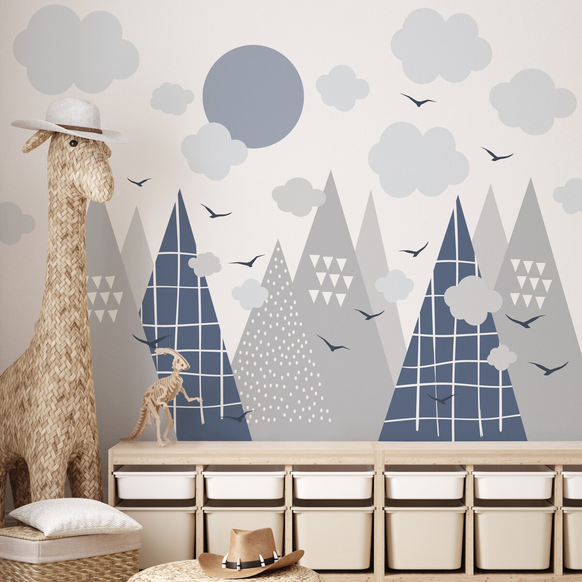 NAKLEJKI ŚCIENNE DLA DZIECI SZARE GÓRY CHMURY STYL SKANDYNAWSKI ZESTAW
