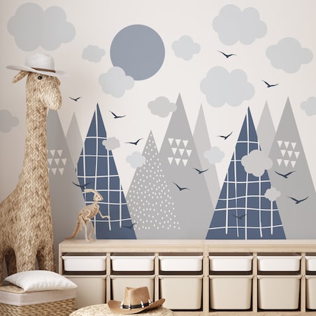 NAKLEJKI ŚCIENNE DLA DZIECI SZARE GÓRY CHMURY STYL SKANDYNAWSKI ZESTAW