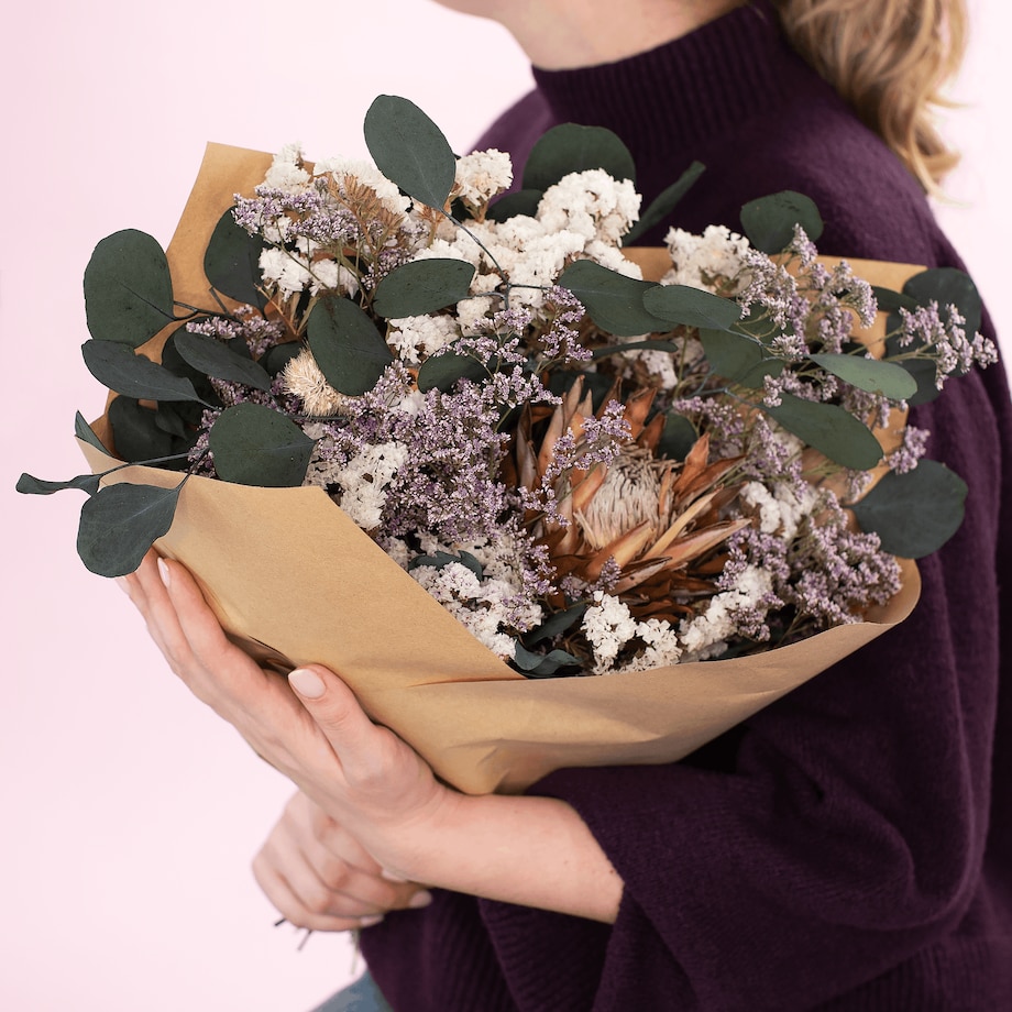 Bukiet suszonych kwiatów Perle premium - protea, zatrwian, eukaliptus