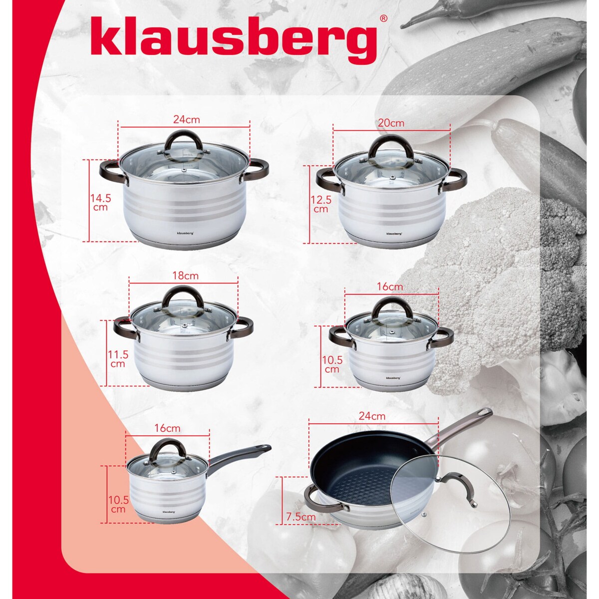 Zestaw garnków stalowych 12 ele. 2.1/2.1/2.9/3.4/3.9/6.6L KLAUSBERG