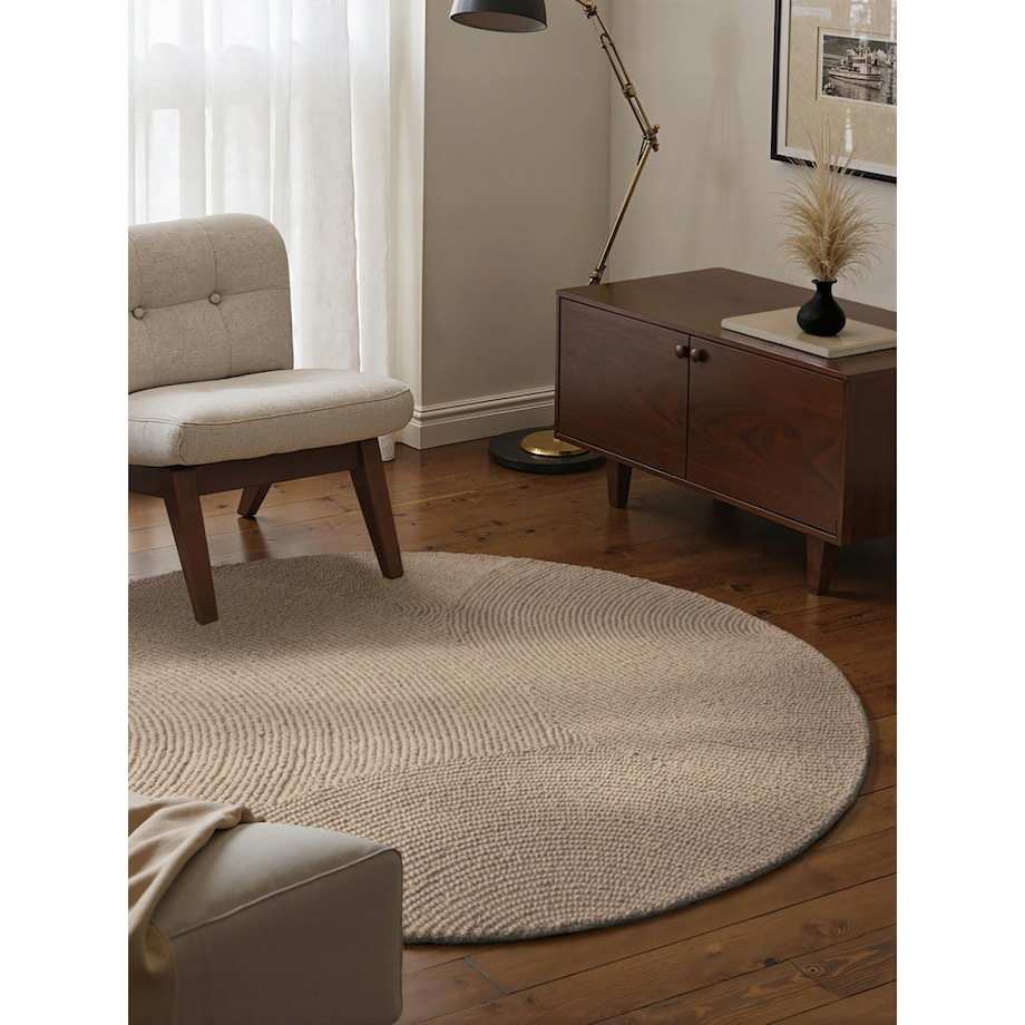 Dywan okrągły wełniany do salonu 150cm, beżowy wzór w półkola, efekt 3d
