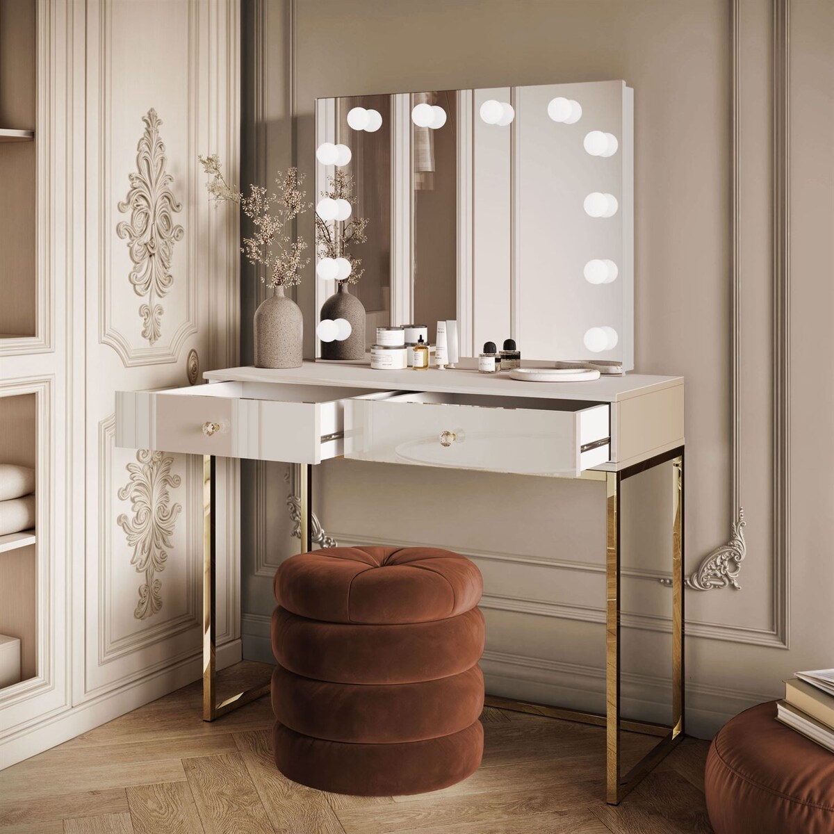 Toaletka kosmetyczna BLANCO KASZMIR ELITE z lustrem i oświetleniem złoty chrom, uchwyt biały kryształ