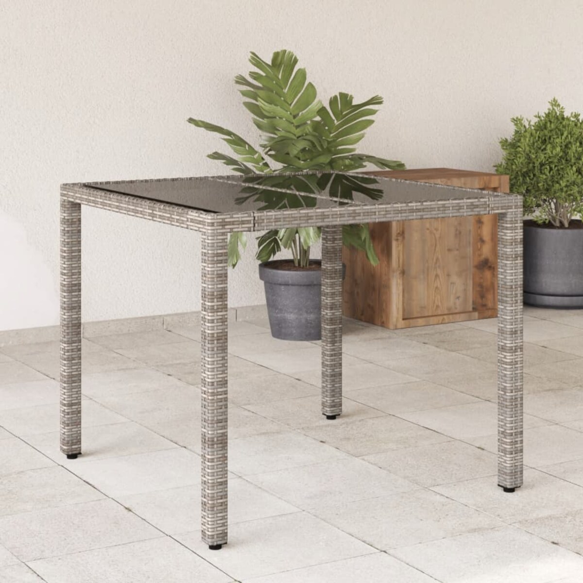 vidaXL Stół ogrodowy ze szklanym blatem, szary, 90x90x75 cm, rattan PE