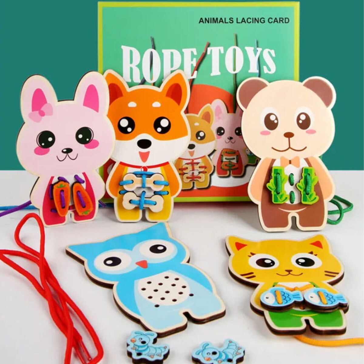 Puzzle drewniane Montessori - sznurówki - nauka wiązania Zwierzątka