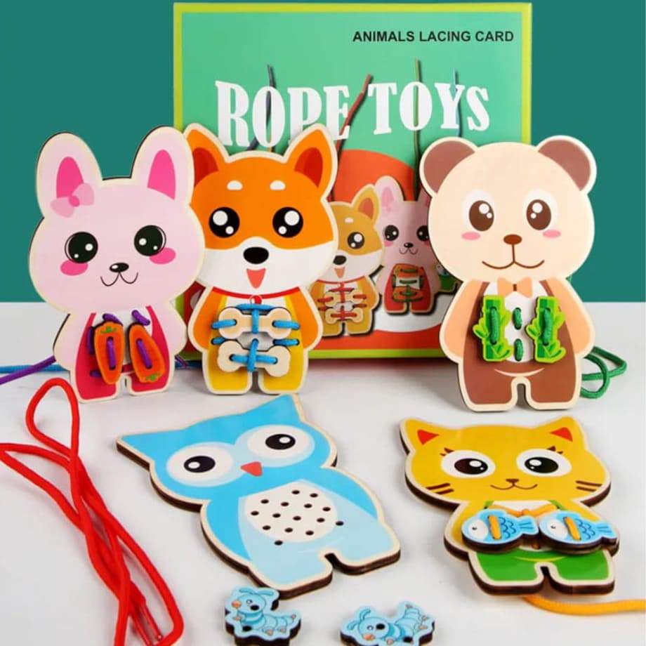 Puzzle drewniane Montessori - sznurówki - nauka wiązania Zwierzątka