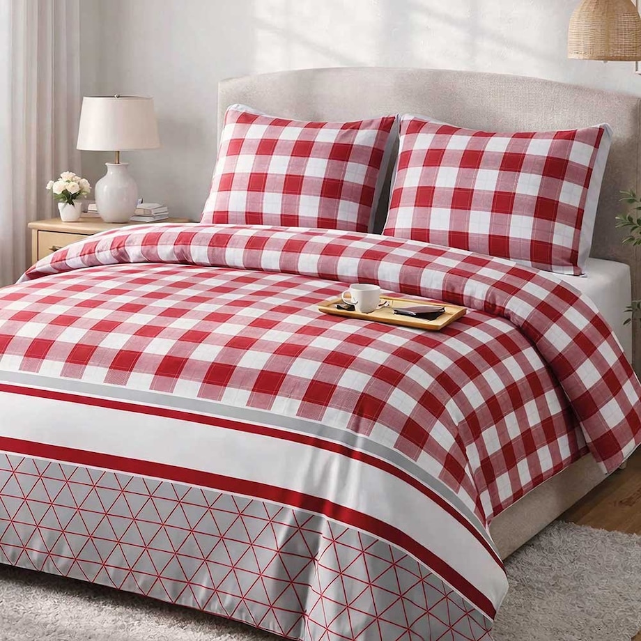 Pościel flanelowa 180x200 Skandia Red, czerwona w białą kratę, Flanelove, Darymex