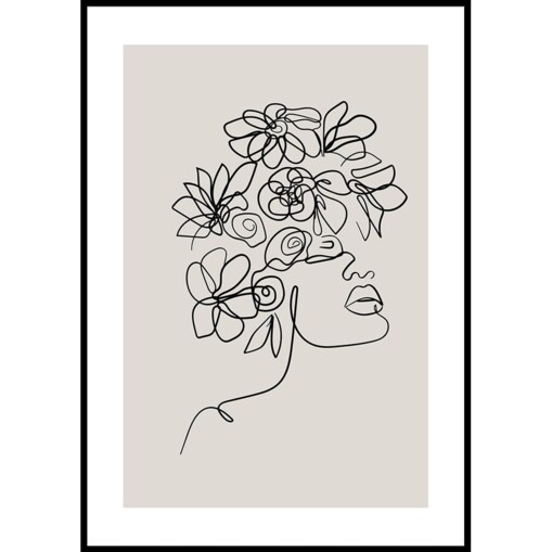 plakat line art dziewczyna z kwiatami beż 30x40 cm