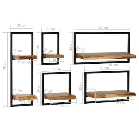 vidaXL Zestaw półek ściennych, 5 szt., lite drewno akacjowe i stal