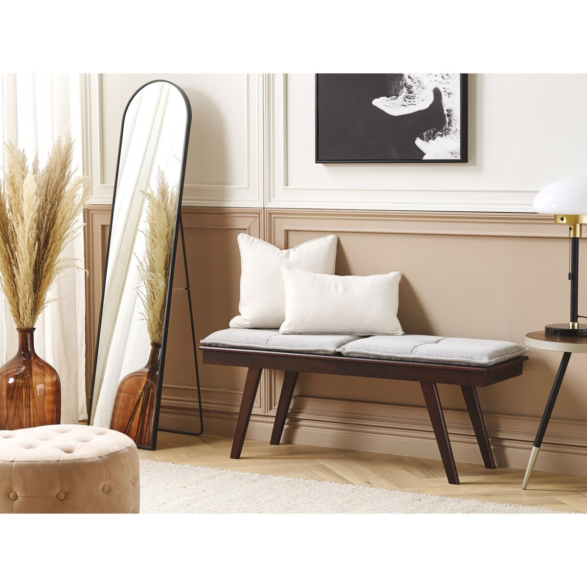 Ławka do jadalni z poduszkami ciemne drewno z szarym EXTON