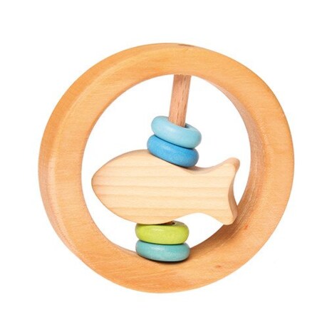Grzechotka okrągła z rybką dla niemowlaka drewniana niebieska 0+ Grimm's