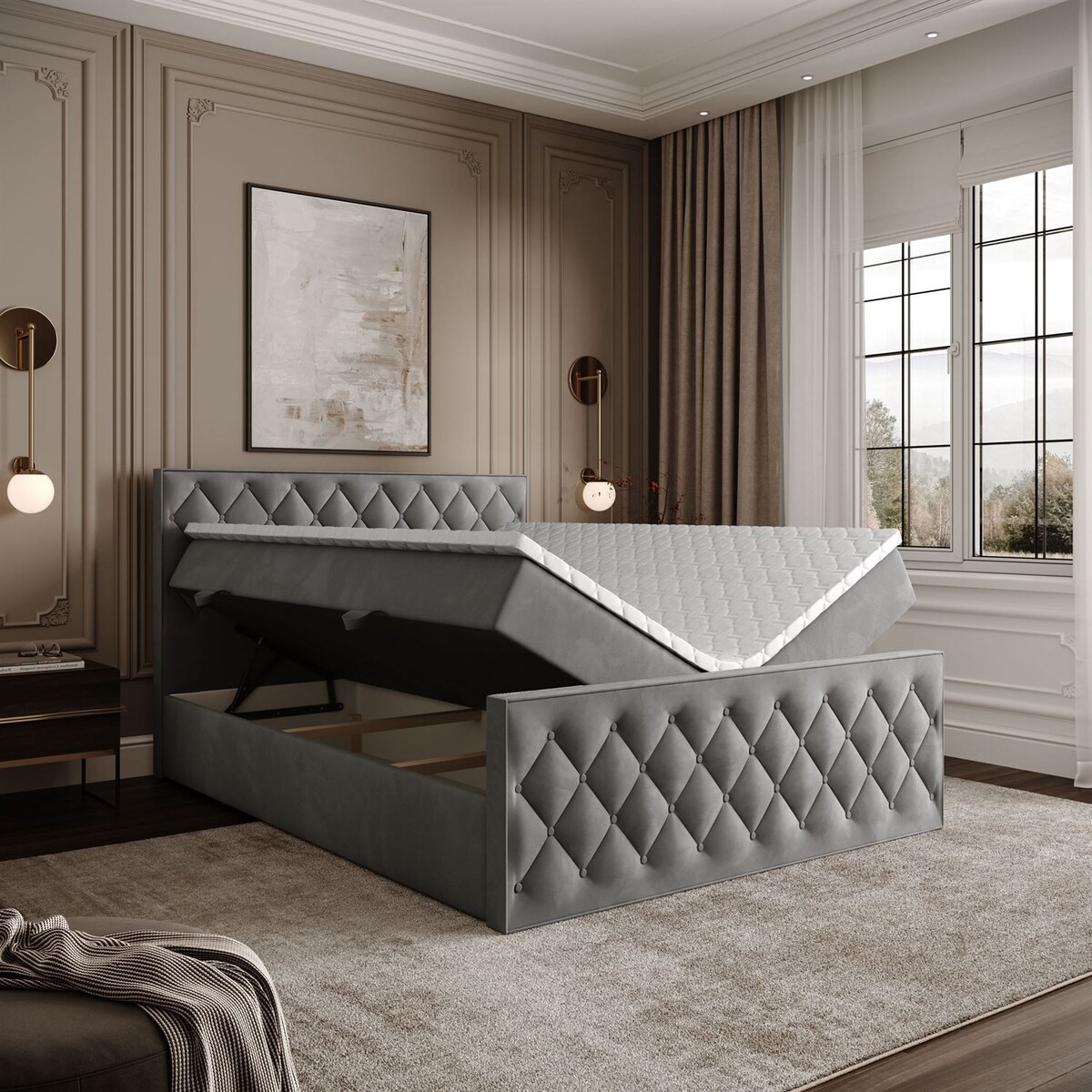 Łóżko kontynentalne INEZ II, pojemnik na pościel, 160x200, Royal Velvet 250, topper