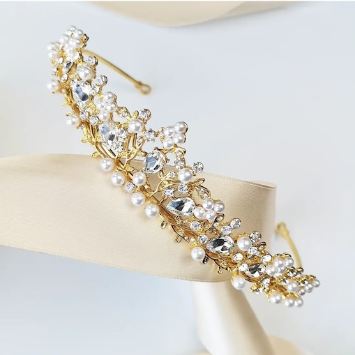 Złota TIARA diadem korona z cyrkoniami PEREŁKAMI ozdobna biżuteria włosy