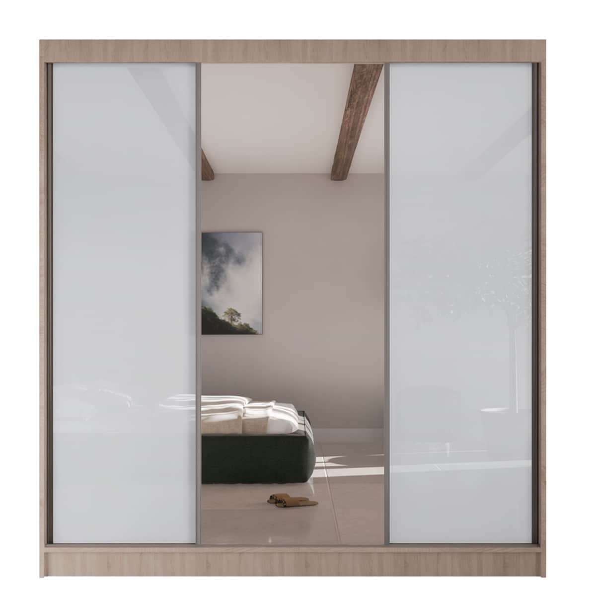 Szafa przesuwna VIOLA V200 z lustrem, do przedpokoju -sonoma+ biały lacobel