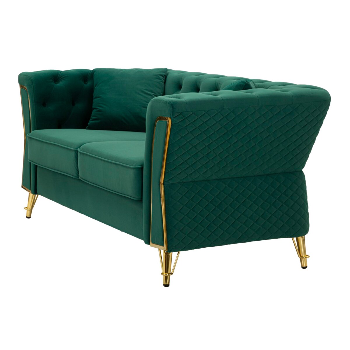 Sofa Emy, kolor zielony i złoty, poliester, drewno eukaliptusowe, drewno sosnowe, sklejka i metal, 162 x 83 x 76 cm, do salonu, Mauro Ferretti