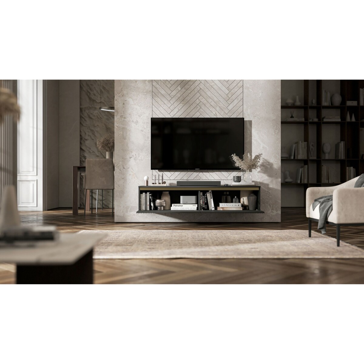 Nowoczesna Wisząca Szafka RTV Glamour Komoda RTV Czarny Mat 140 cm