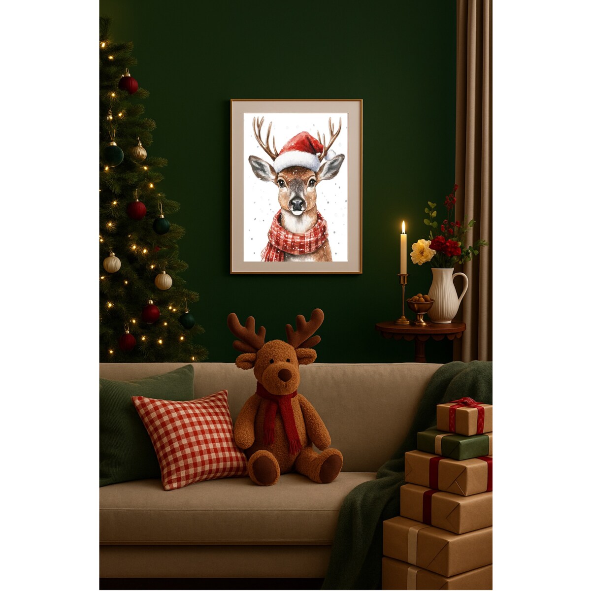 Poster Story, Plakat, Obraz - Świąteczny Jelonek w Szaliku i Czapce Mikołaja, wymiary 60 x 84 cm