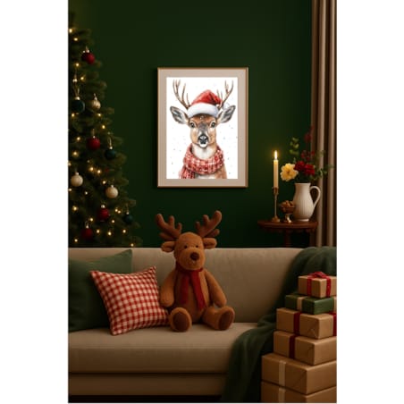 Poster Story, Plakat, Obraz - Świąteczny Jelonek w Szaliku i Czapce Mikołaja, wymiary 60 x 84 cm