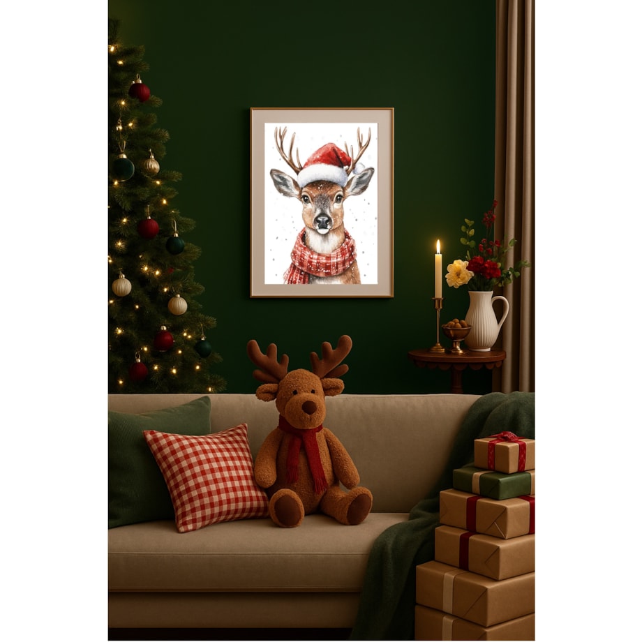 Poster Story, Plakat, Obraz - Świąteczny Jelonek w Szaliku i Czapce Mikołaja, wymiary 60 x 84 cm
