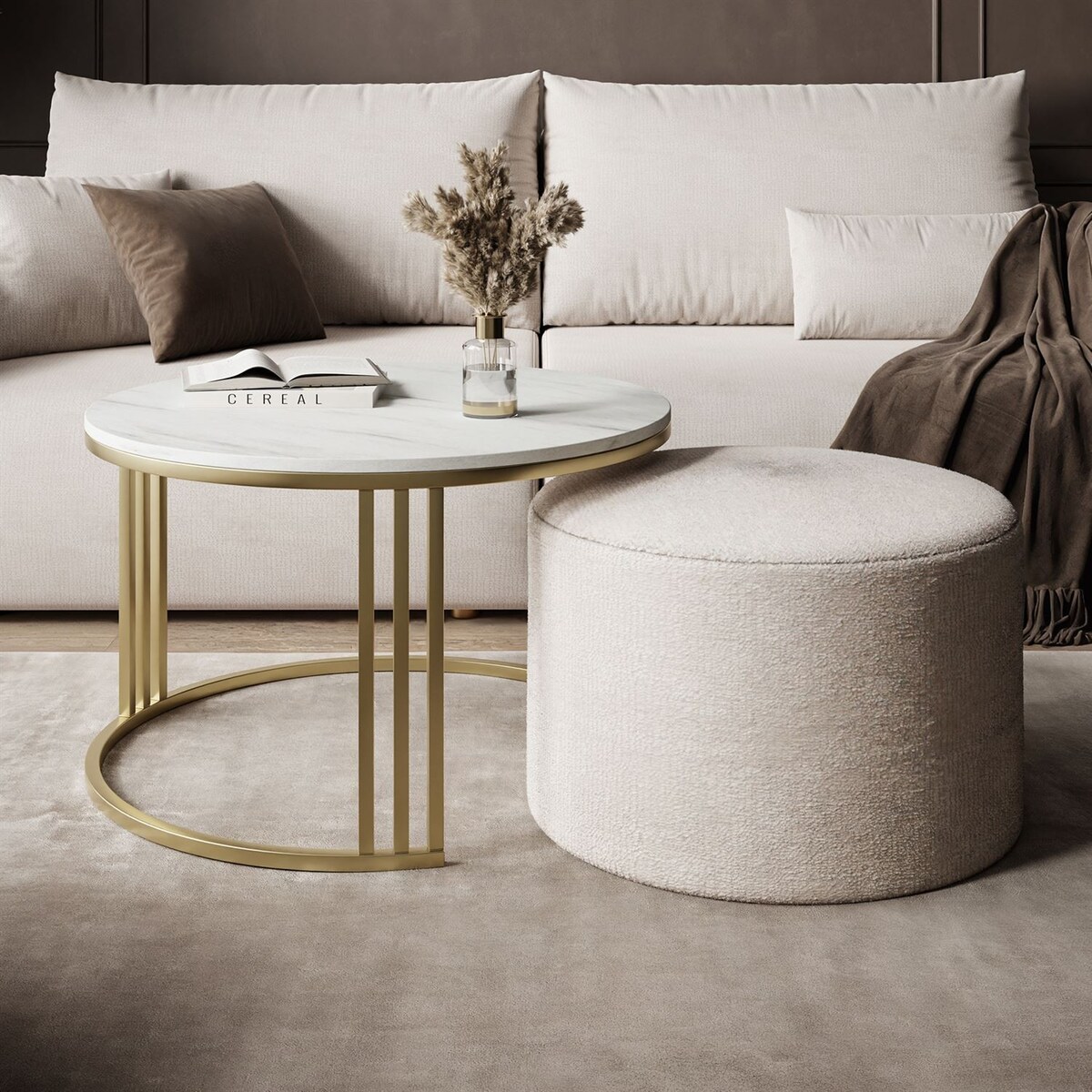 Stolik kawowy z pufą LORI MAT złoto szczotkowane, Marmur Levanto / Perfect Harmony 01