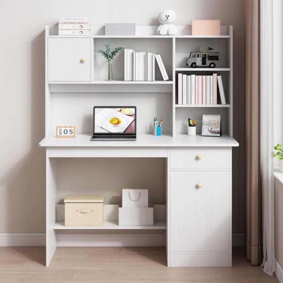 Biurko komputerowe białe loft z 7 półkami