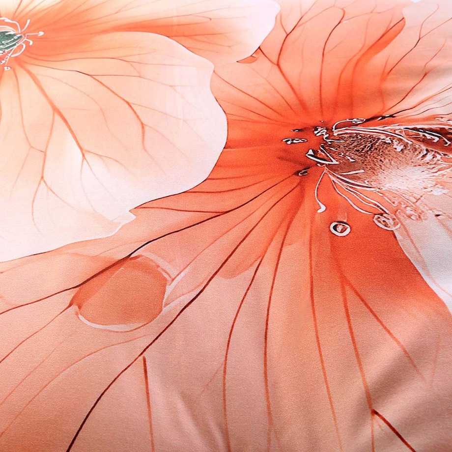 Pościel satyna bawełniana 220x200 Camellia kremowa w pomarańczowe kwiaty, Satynlove Premium