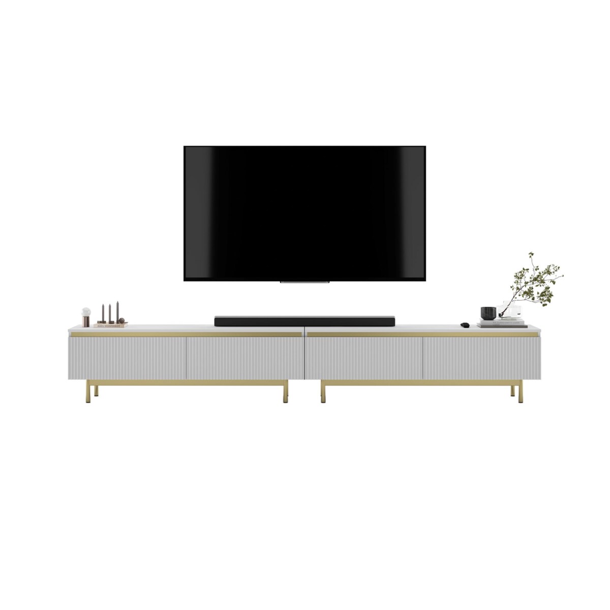 Nowoczesna Szafka RTV Glamour Komoda RTV Biały Mat 280 cm złote akcenty