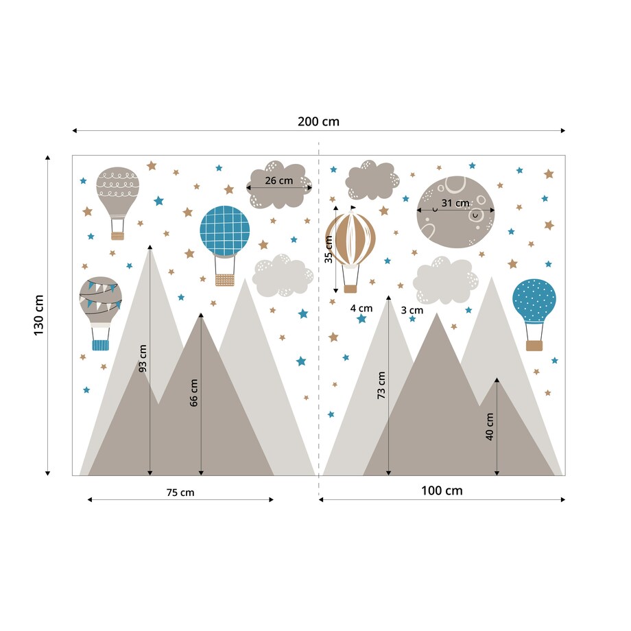 ZESTAW NAKLEJEK DLA DZIECI NA ŚCIANĘ BRĄZOWE GÓRY GWIAZDKI BALONY