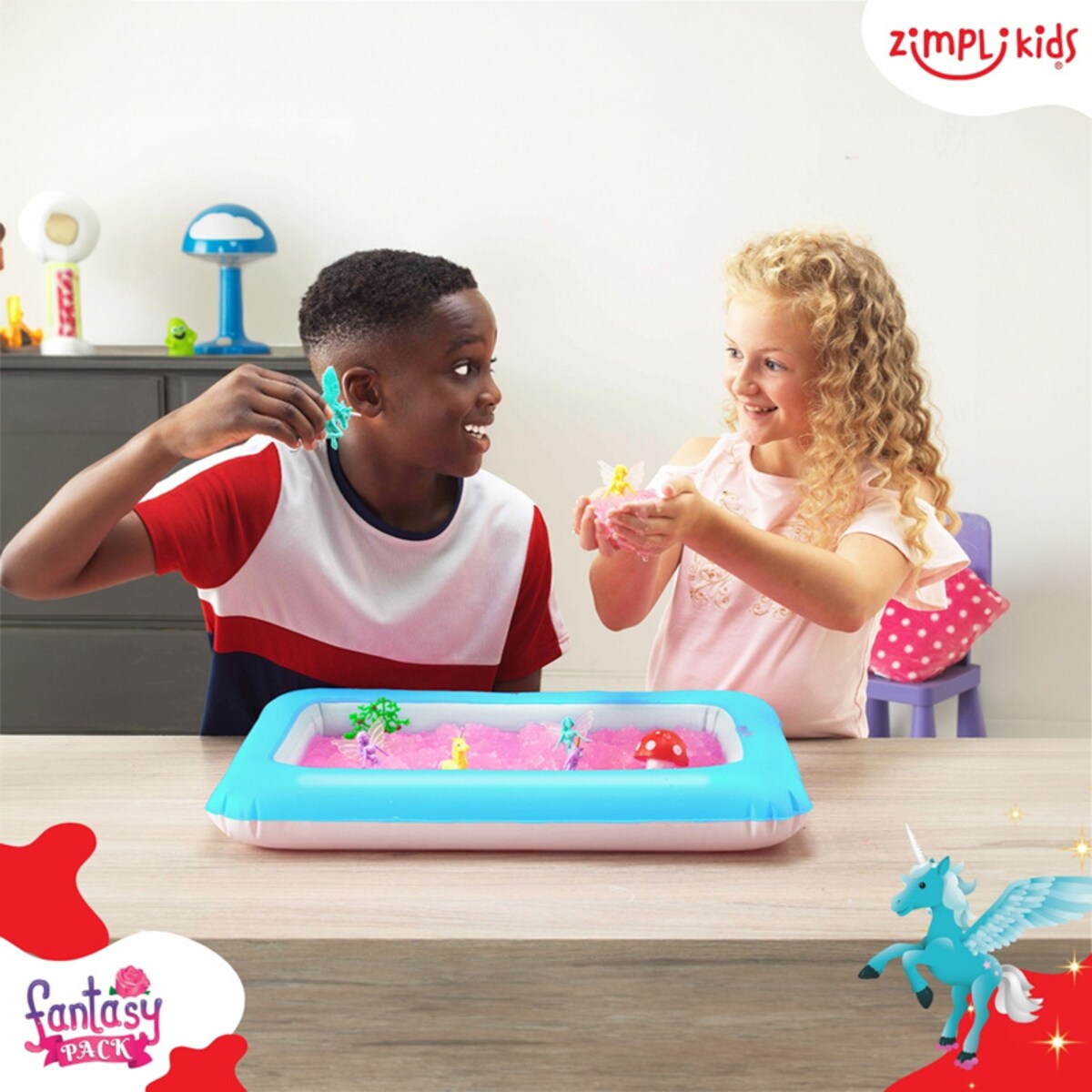 Magiczny proszek do wody – zestaw do tworzenia gelli z figurkami i tacą Gelli Worlds Fantasy Pack Zimpli Kids