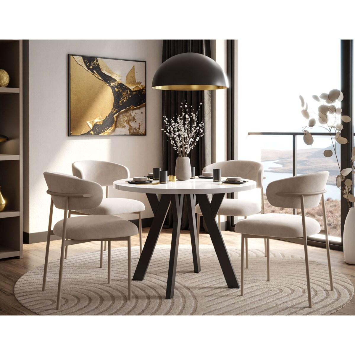 Okrągły stół rozkładany VOLTA GLOSS, nogi czarne, blat biały