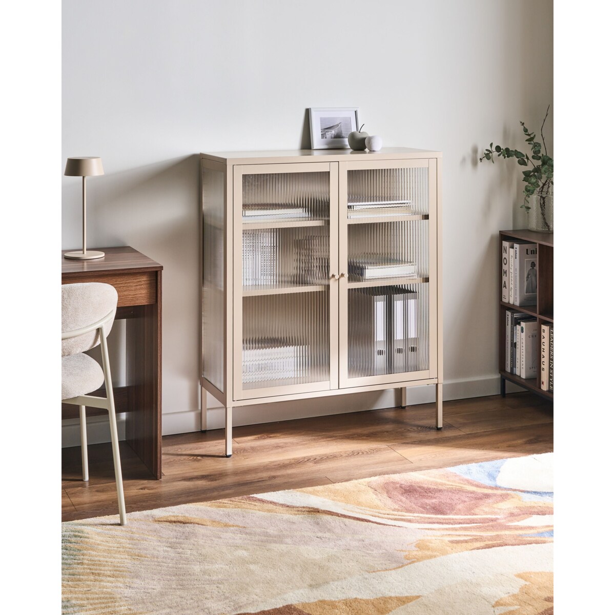 Szafka ze szklanymi drzwiami LERRYN Metal 90 cm Beżowy