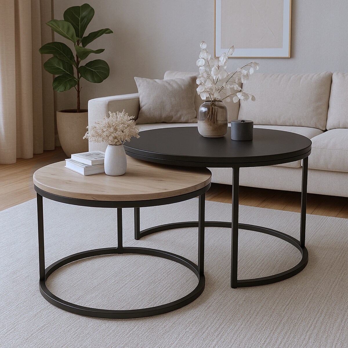 Stolik Kawowy Do Salonu LOFT 2w1 CZARNY + DĄB ARTISAN Okrągły Zestaw