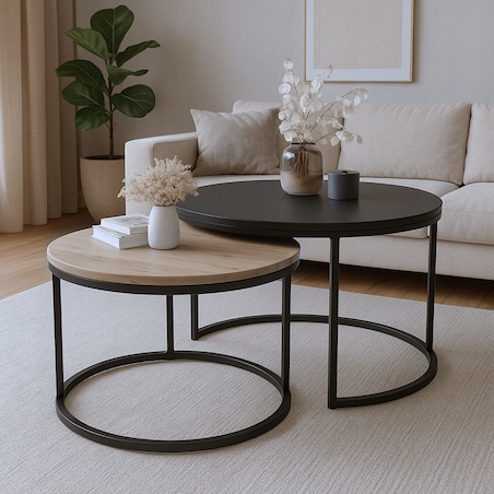 Stolik Kawowy Do Salonu LOFT 2w1 CZARNY + DĄB ARTISAN Okrągły Zestaw
