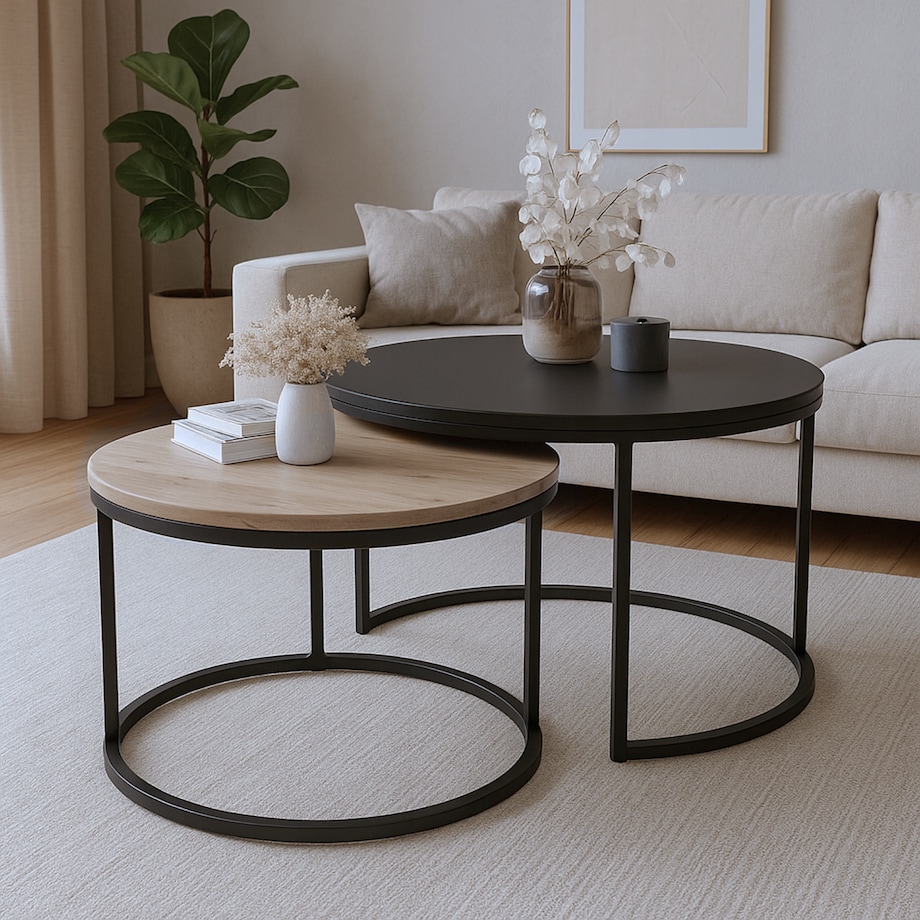 Stolik Kawowy Do Salonu LOFT 2w1 CZARNY + DĄB ARTISAN Okrągły Zestaw