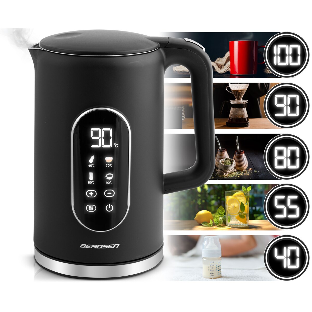 Czajnik elektryczny Berdsen 1,7l panel dotykowy regulacja temperatury 2200W czarno-srebrny