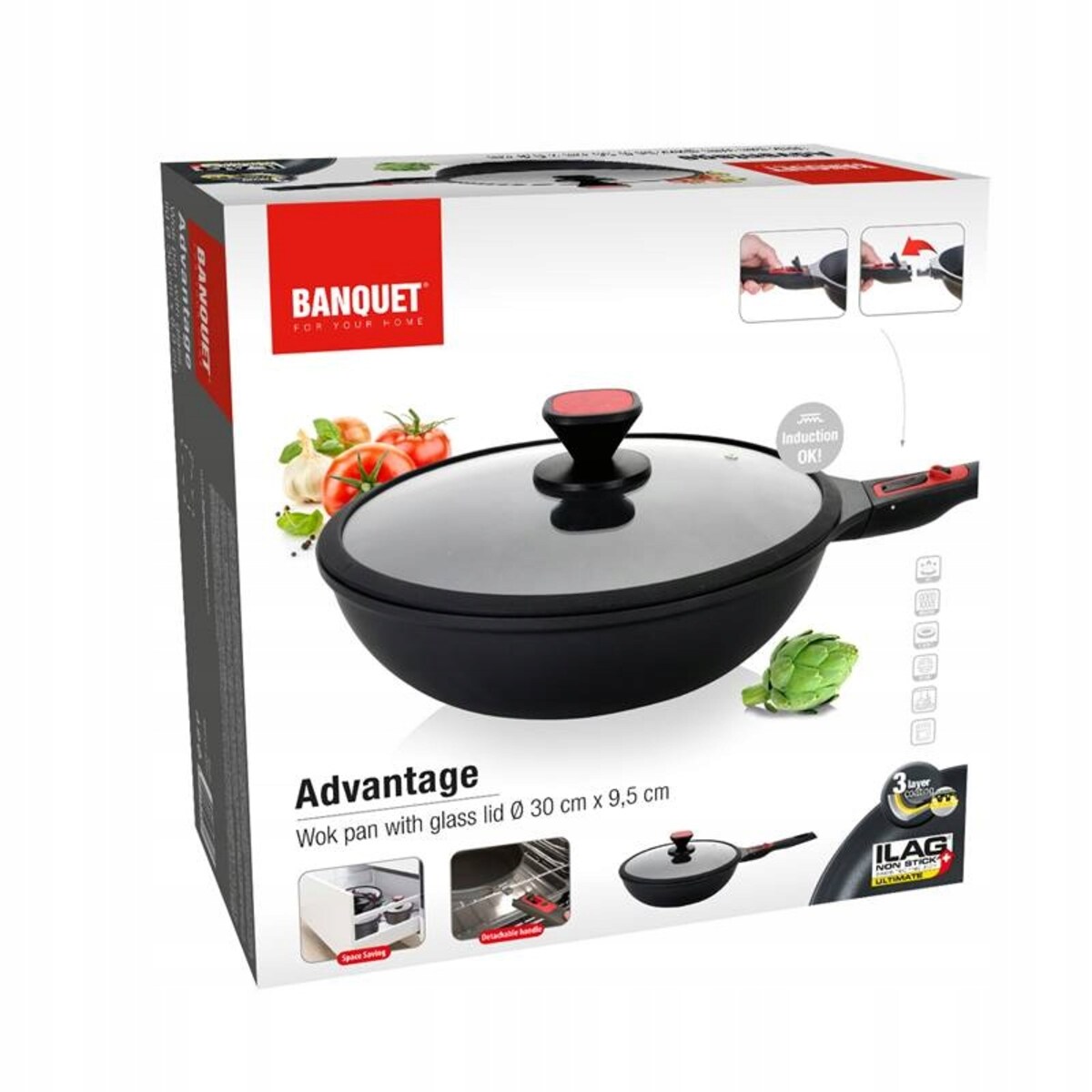 WOK PATELNIA z odpinaną rączką BANQUET pokrywka szklana 30cm aluminium box