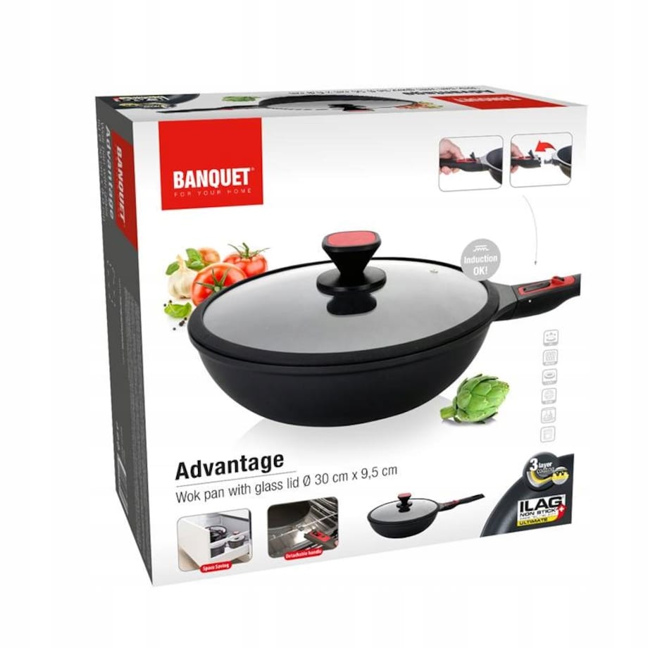 WOK PATELNIA z odpinaną rączką BANQUET pokrywka szklana 30cm aluminium box