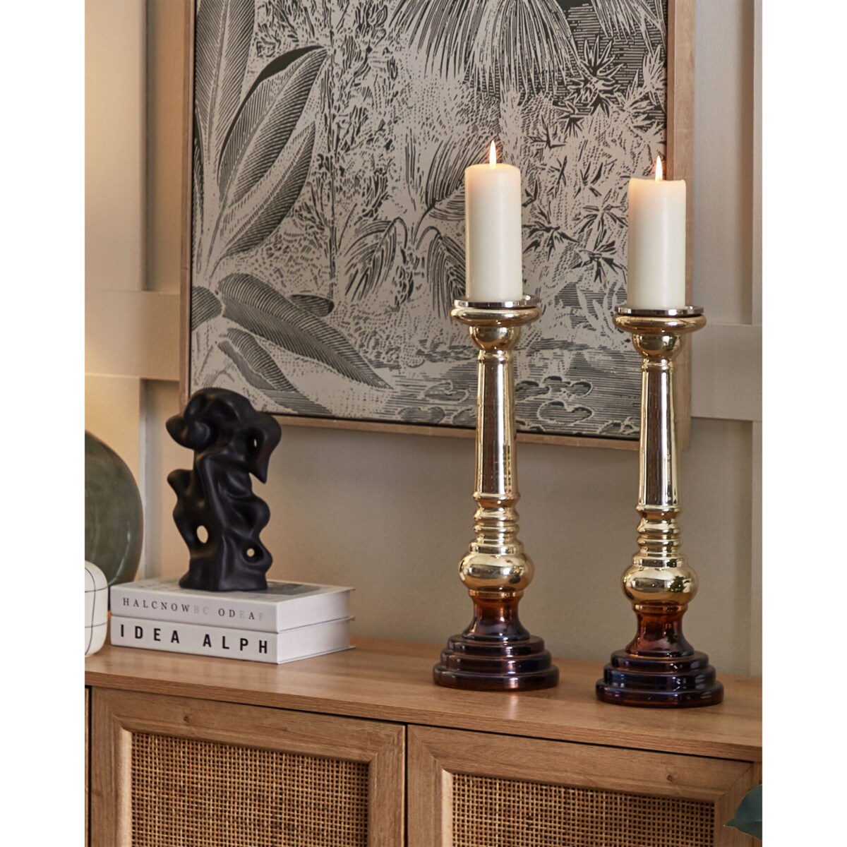 Zestaw dwóch świeczników szklanych 40 cm złoty IMARTI