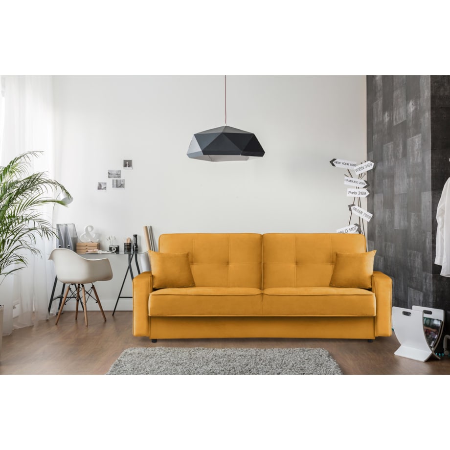 KONSIMO ORIO Rozkładana sofa w kolorze żółtym do salonu