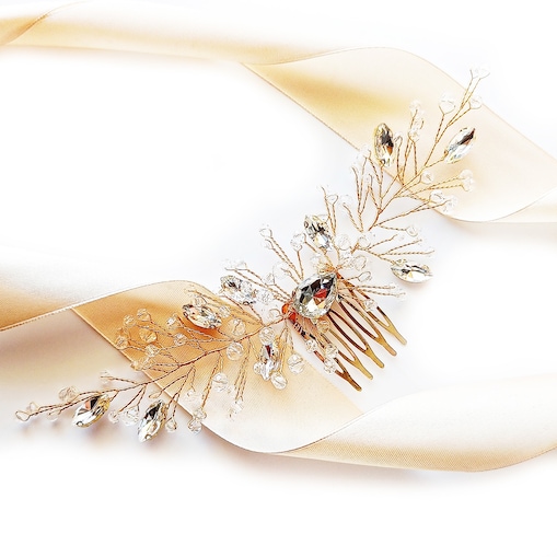 Okazały grzebyk do włosów złoty z kryształkami i cyrkoniami