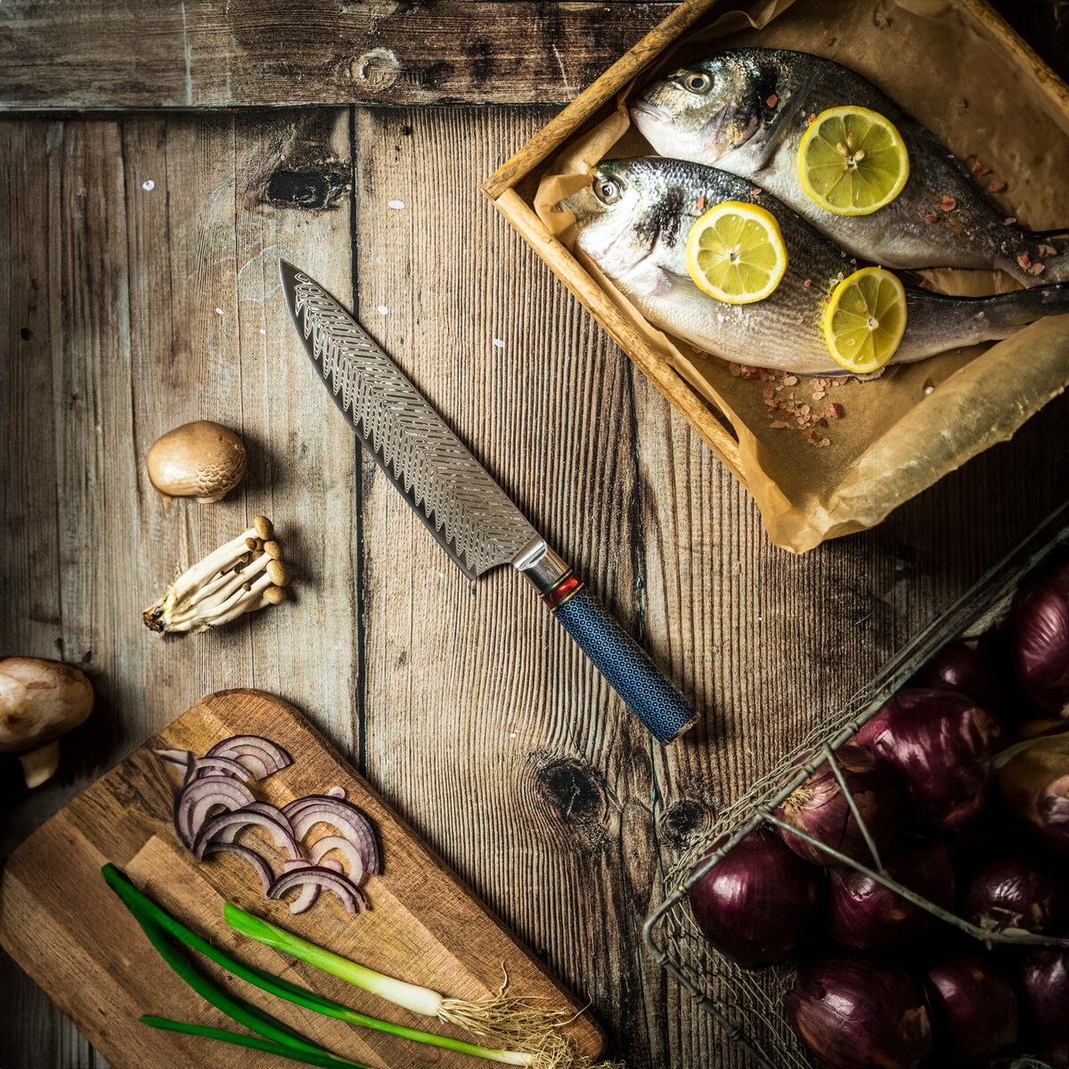 Japoński nóż szefa kuchni Fukutsu w pudełku prezentowym Stal damasceńska VG-10 Profesjonalny nóż