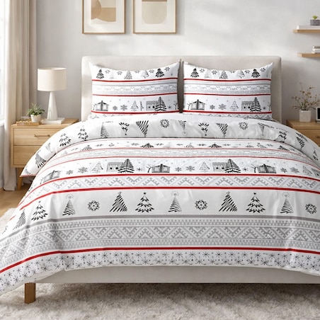 Pościel flanelowa 160x200 Selvia biała w choinki i chatki, Flanelove