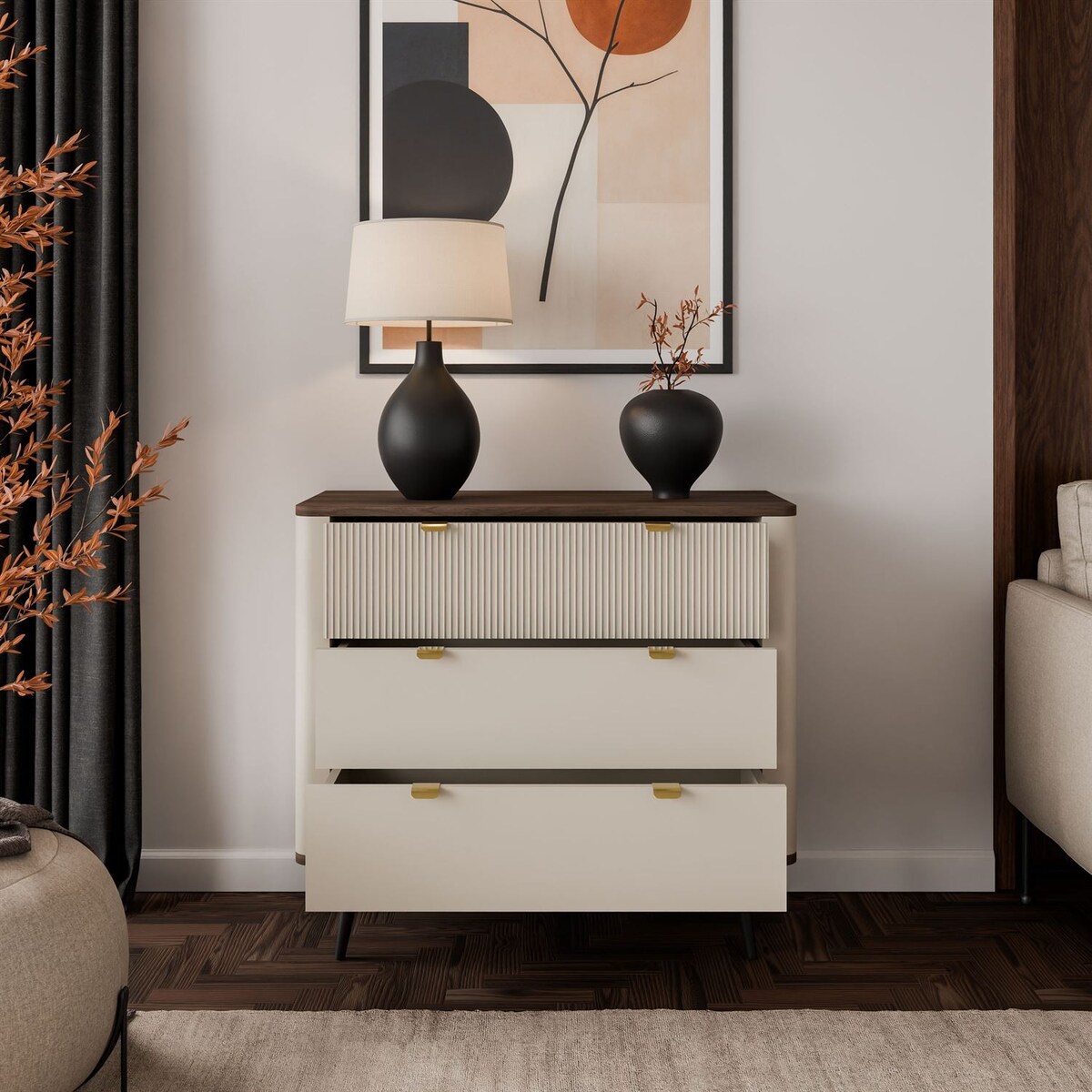 Komoda do salonu AUTUMN 3S na wysokich nóżkach, kaszmir / orzech