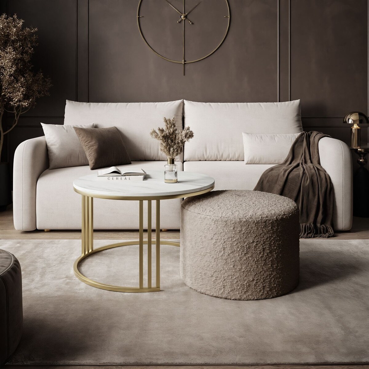 Stolik kawowy z pufą LORI MAT złoto szczotkowane, Marmur Levanto / Coral 50