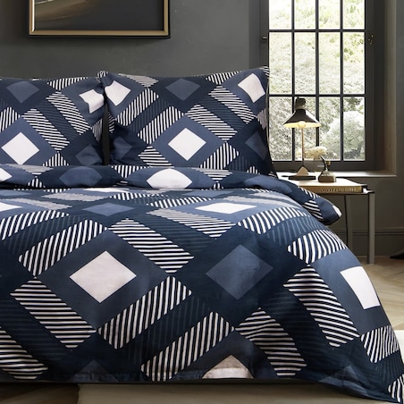 Pościel satyna bawełniana 180x200 Satynlove granatowo kremowy geometryczny wzór